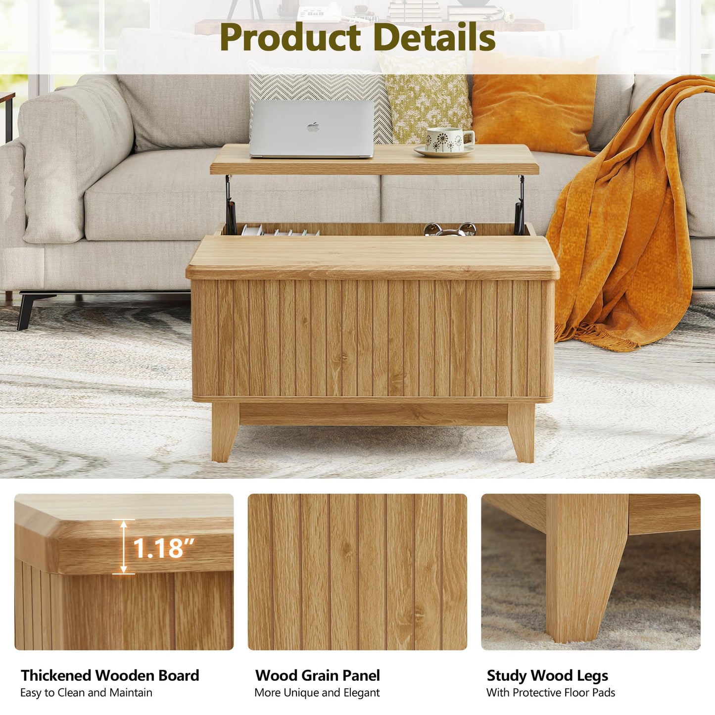 NVETHM Lift Top Coffee Table, Square Coffee Table with Hidden Storage Compartment, Farmhouse Wood Center Table Dining Table for Living Room, Bedroom, Home Office (Natural)