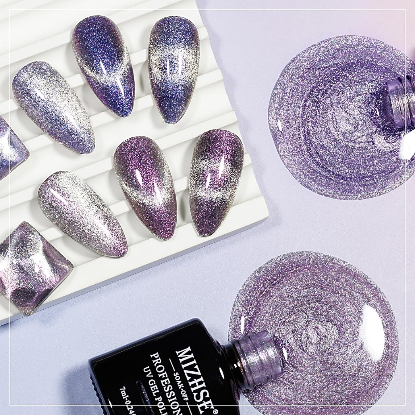 MIZHSE Aurora Cat Eye Gel Nail Polish, 2 Colors Magnetic Gel Polish with Magnet, Holographic Shimmery Shiny Effect Soak Off Nail Art Manicure Home