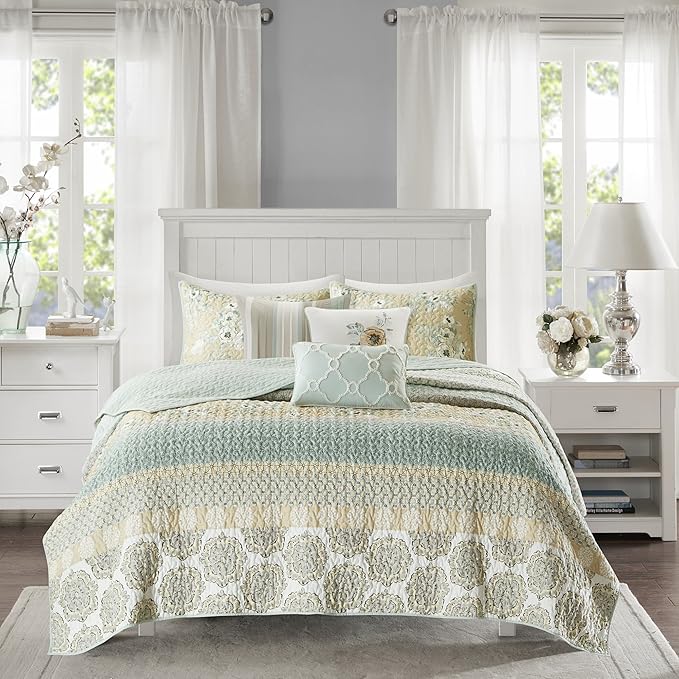 Madison Park 100% Cotton Quilt Set Floral Print, Double Sided Stitching, All Season, Lightweight Coverlet Shabby Chic Bedding Layer, Matching Shams, King/Cal King(104"x94"), Green Yellow 6 Piece