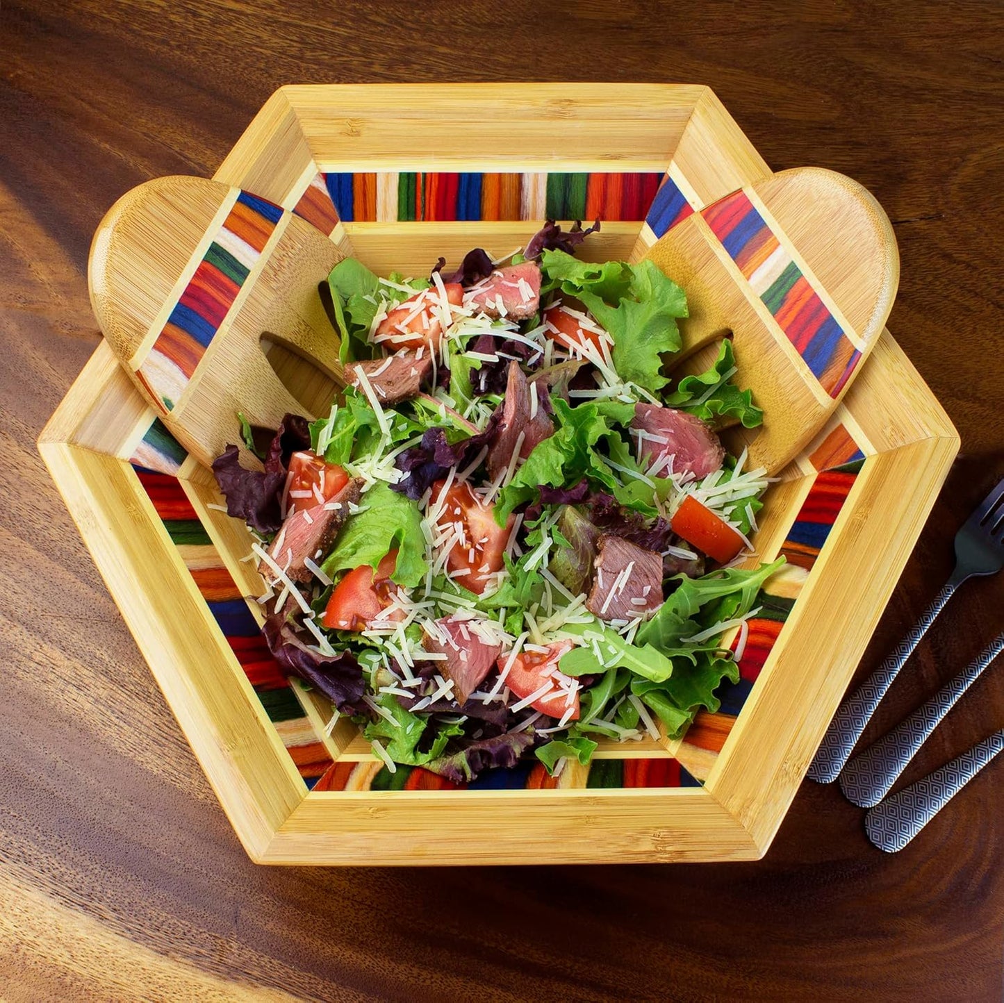 Totally Bamboo Baltique Marrakesh Collection 14" Salad Serving Bowl with Salad Hands, Bamboo and Colored Birch Wood