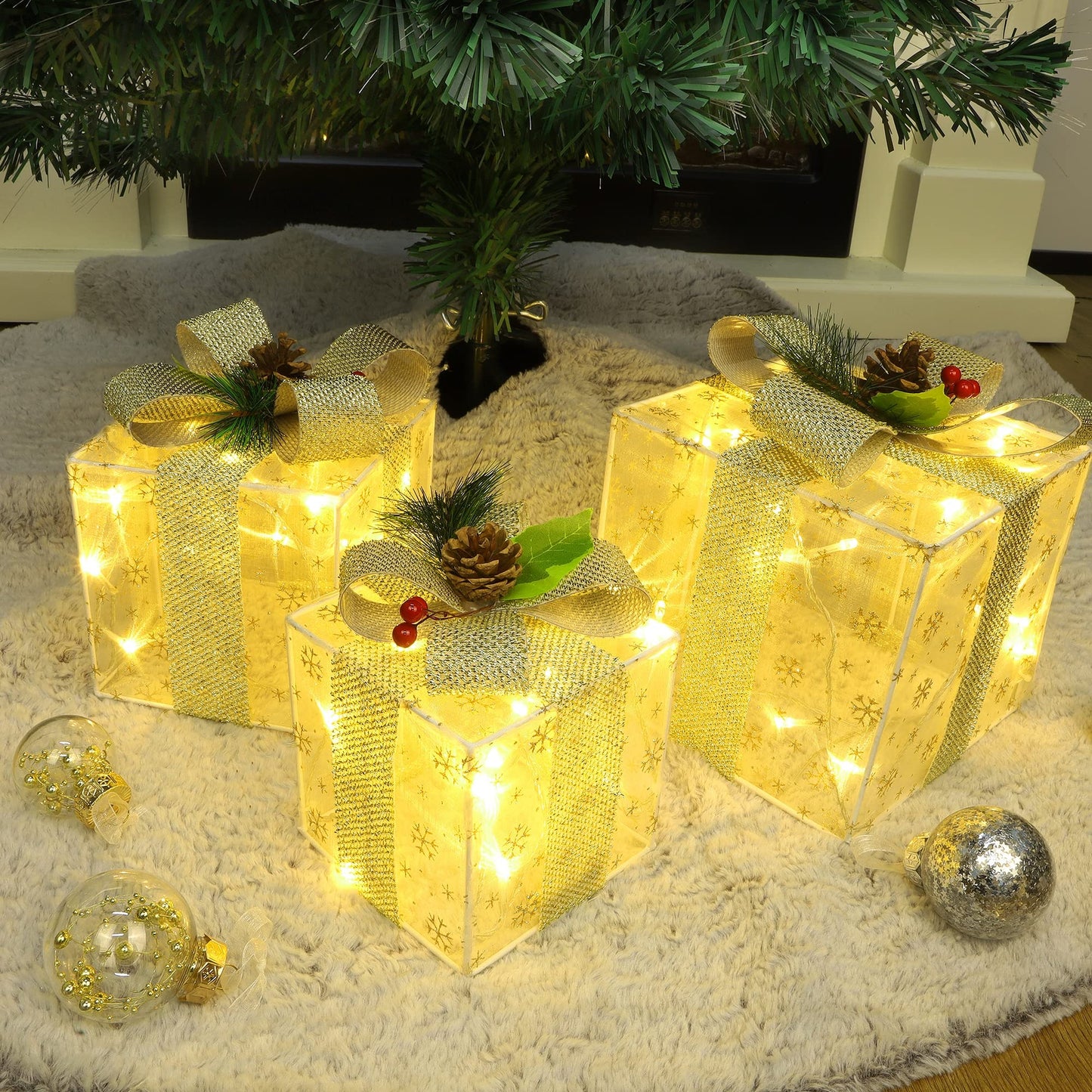 Set of 3 Christmas Lighted Gift Boxes Decorations, Pre-lit Snowflakes Present Box with Silver Bowknot, Light Up Xmas Tree Skirt Ornament, Indoor Outdoor Plug in for Home Pathway Holiday Party