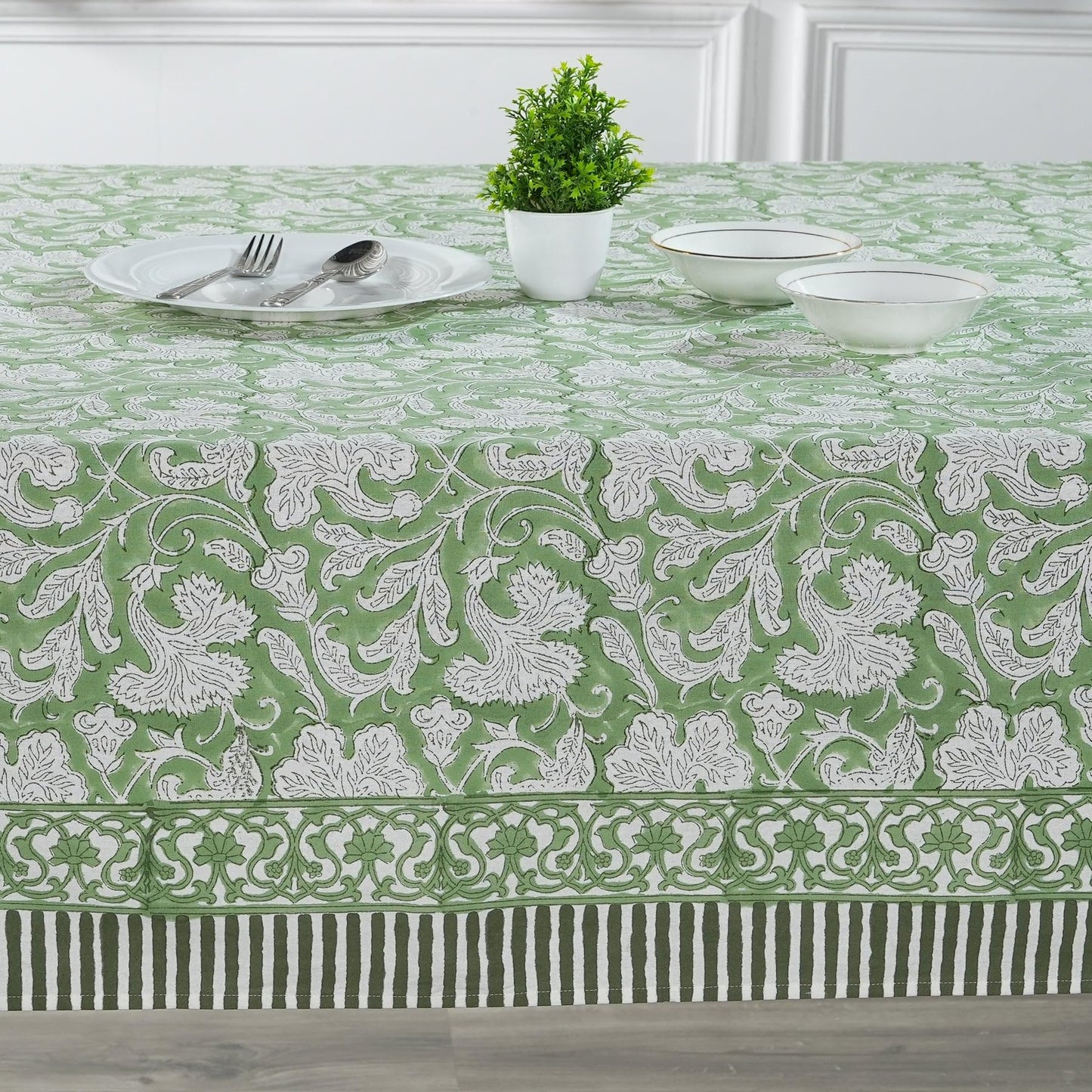 Ridhi Sage Green 100% Cotton Summer Fall Rectangle Tablecloth Hand Block Print Print Washable Reusable Table Cover Farmhouse Parties Buffet Dining Weddings Country French Easter Spring 70 x 118