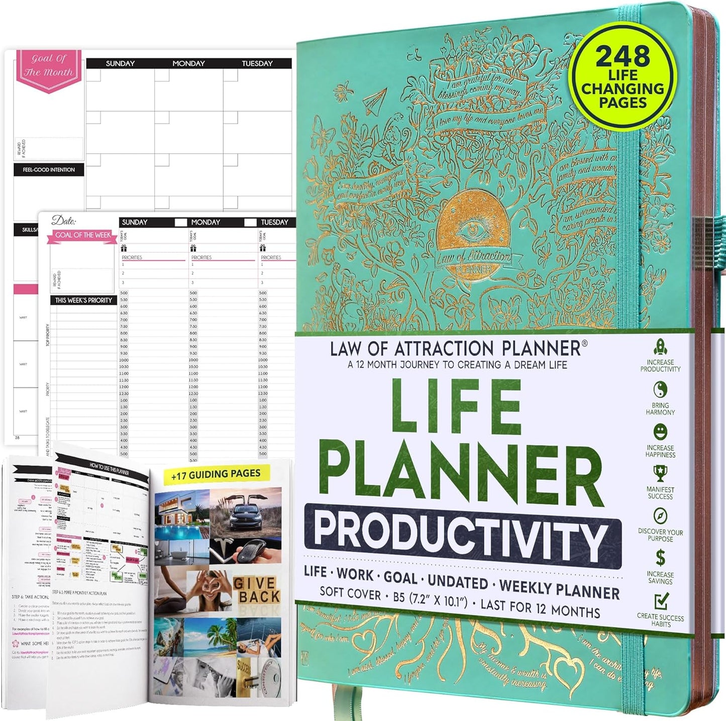 Law of Attraction Planner – Undated Hourly, Weekly & Monthly Goal Setting Planner, 12-Month to Increase Productivity | Life & Gratitude Journal, Include Foldable Vision Board, Gift Box & Stickers