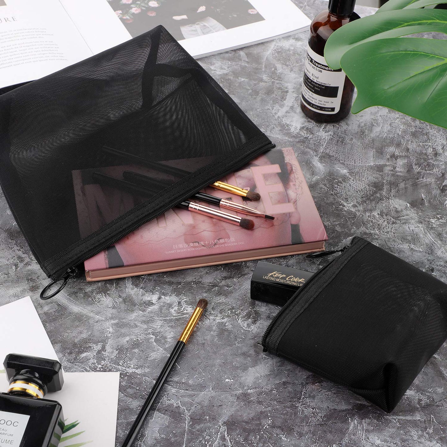 Boao 3 Piece Mesh Cosmetic Bag Mesh Makeup Bag with Zipper Pouch Travel Toiletry for Makeup Organizer Home Office Travel Accessories(Black)