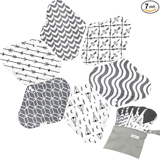 7pcs Set 1 pc Mini Wet Bag +6pcs Absorbent Reusable Sanitary Pads/Washable Cloth Menstrual Pads (L,Grey)