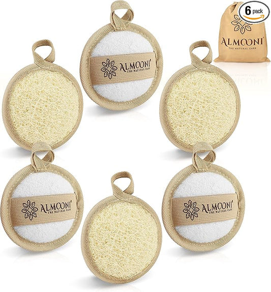 Almooni Natural Loofah Exfoliating Facial Scrubber, Made with Natural Egyptian Shower Loofah Sponge, Bath Shower Loofah Sponge for Women and Men, for Face That Gets You Clean - 6 Count (1 Pack)