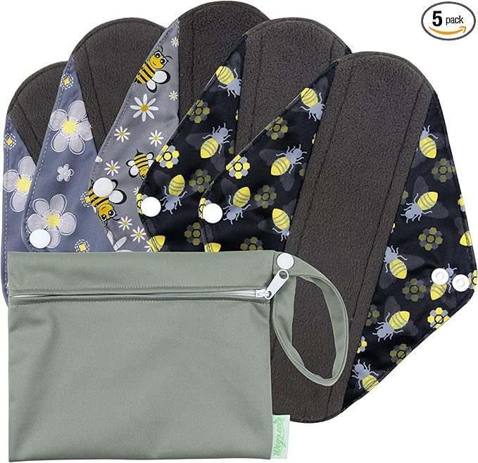 wegreeco Reusable Menstrual Pads for Women - Reusable Sanitary Pads | Reusable Panty Liners | Soft Cloth Menstrual Pads - 5 Pack, 1 Cloth Wet Bag (M, Bee & Bloom)