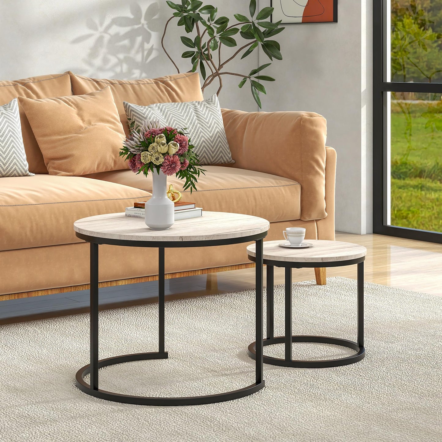 HOJINLINERO Round Coffee Table Set of 2 for Living Room,Black Small Coffee Table Living Room Table,Nesting Tables Metal Frame/Wood,Sturdy and Easy Assembly,Stacking Side Tables Bedroom,White Oak