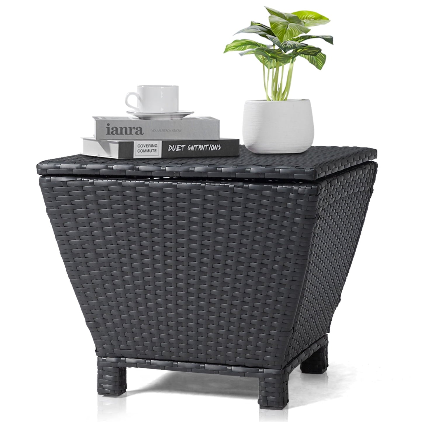 Ktaxon Wicker Side Table with Storage, 13 Galllon Ratten Storage Side Box Container, Wicker Storage Coffee Table for Outdoor Indoor, Black